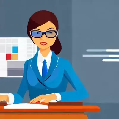 AI generated illustration of an office worker in a suit sitting at a desk