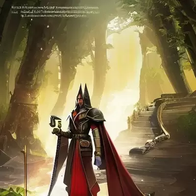 AI generated illustration of a knight in armor standing in a sunlit forest city