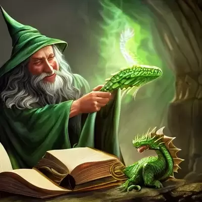 AI generated illustration of a friendly old wizard in green robes and hat casting a spell with an ancient spell book and baby green dragon