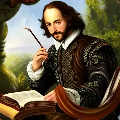AI generated illustration of a young William Shakespeare sitting in a garden with pen and book in hand