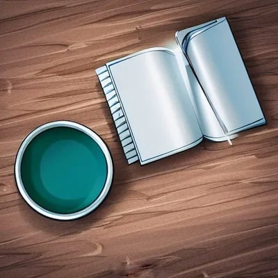 AI generated illustration of an open notebook and cup of matcha green tea on a wooden desk